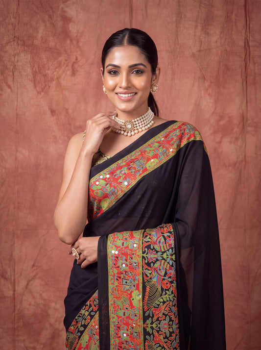 Black Kalamkari Print Mirror Saree