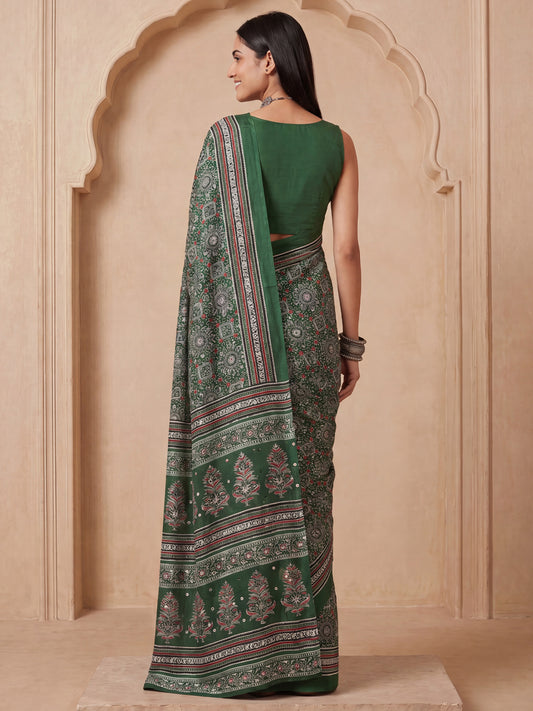Dark Green Ajrakh &  Mirror Work Satin Saree