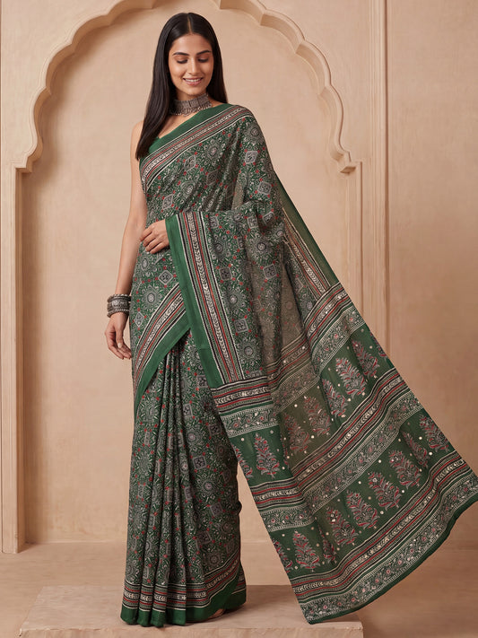 Green Ajrakh Print Mirror Work Modal Satin Saree