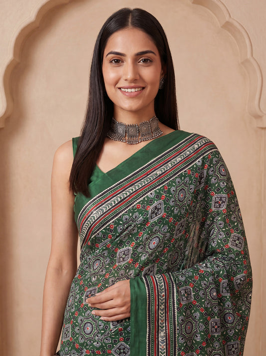 Green Ajrakh Print Mirror Work Modal Satin Saree