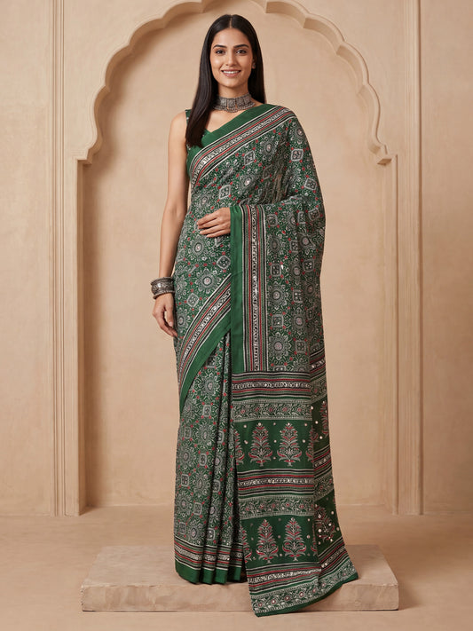 Dark Green Ajrakh &  Mirror Work Satin Saree