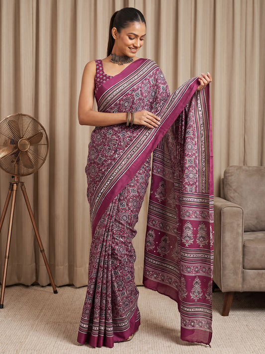 Wine Ajrakh Print Mirror Saree