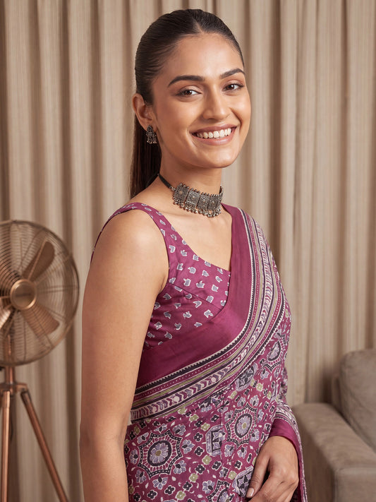 Wine Ajrakh Print Mirror Saree