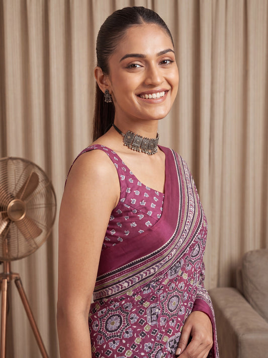 Wine Ajrakh / Bandhani Print & Mirror Work Satin Silk Saree