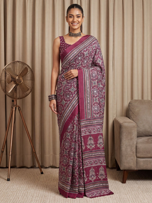 Wine Ajrakh / Bandhani Print & Mirror Work Satin Silk Saree