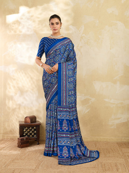 Royal Blue Ajrakh Print Mirror Saree
