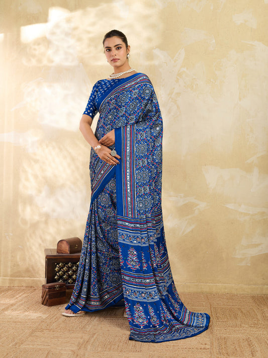 Royal Blue Ajrakh Print Mirror Saree