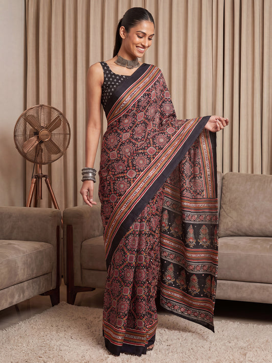 Black Ajrakh Print Mirror Saree