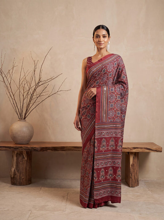 Maroon Ajrakh Print Mirror Saree