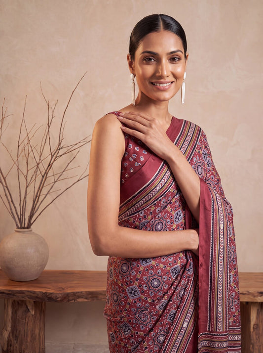 Maroon Ajrakh Print Mirror Saree