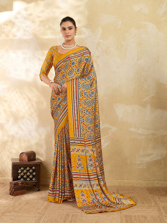Mustard Ajrakh Print Mirror Saree