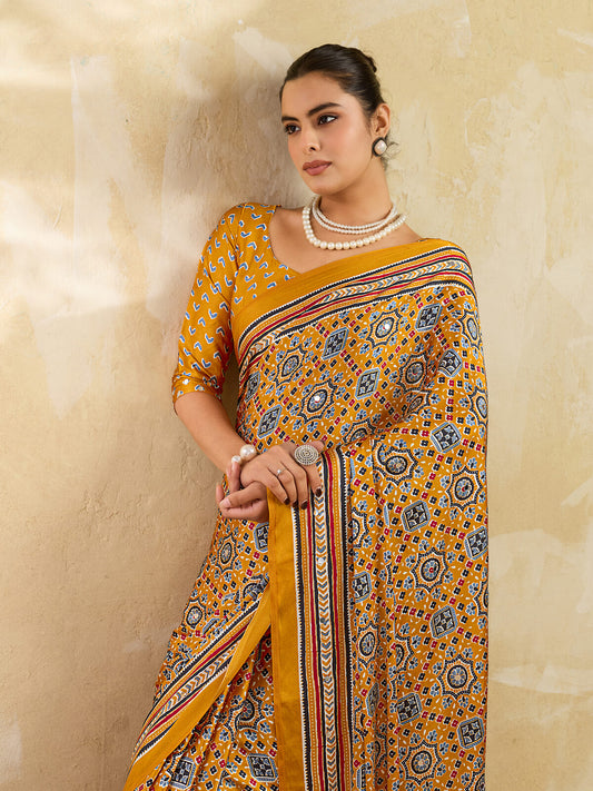 Mustard Ajrakh Print Mirror Saree
