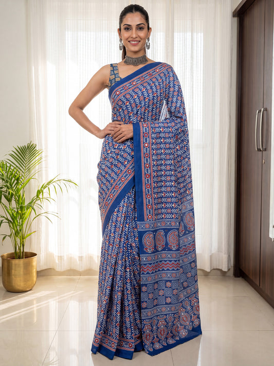 Indigo Blue Ajrakh Print & Mirror Work Satin Saree