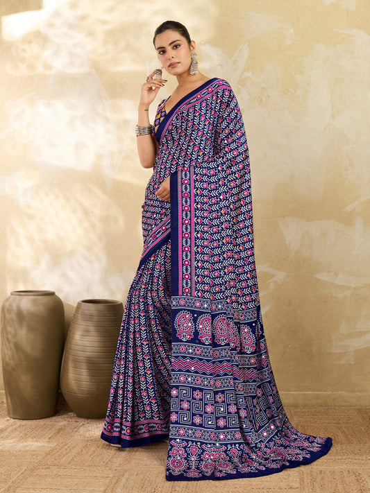 Navy Blue Ajrakh Print Mirror Saree