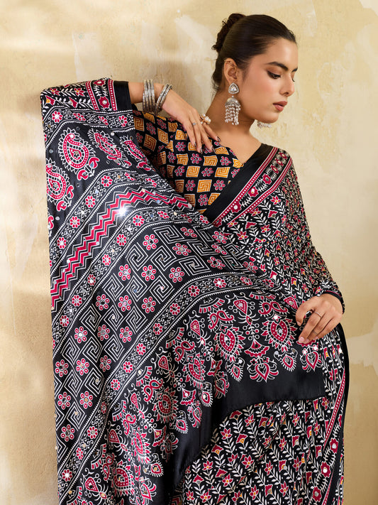 Black Ajrakh Print Mirror Saree | Modal Satin