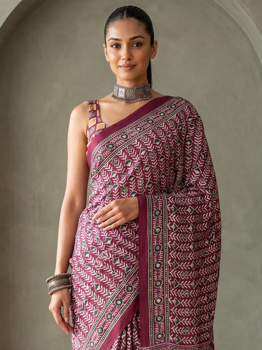 Purple Ajrakh Print & Mirror Work Satin Saree