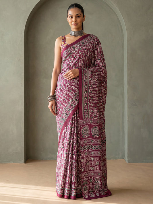 Purple Ajrakh Print & Mirror Work Satin Saree