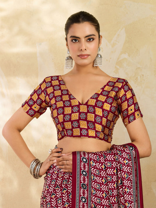Maroon Ajrakh Print Mirror Saree