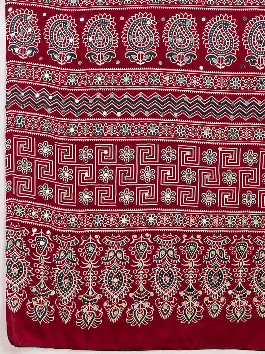 Maroon Ajrakh Print Mirror Saree