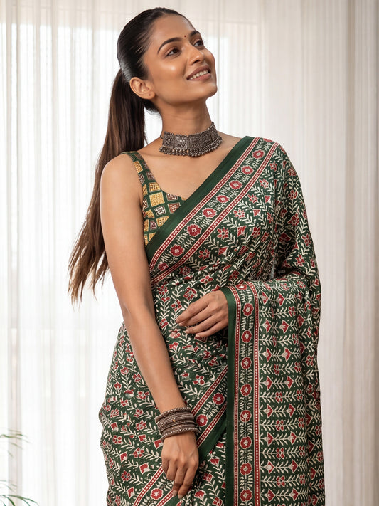 Dark Green Ajrakh Print & Mirror Work satin Silk Saree