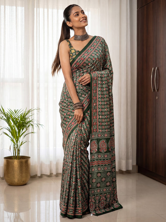Dark Green Ajrakh Print & Mirror Work satin Silk Saree