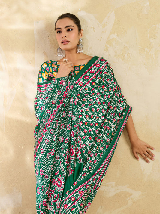 Green Ajrakh Print Mirror Saree