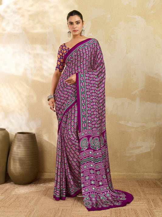 Purple Ajrakh Print Mirror Work Saree