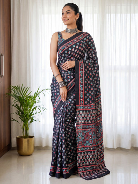 Black Ajrakh Print & Mirror Work Satin Saree