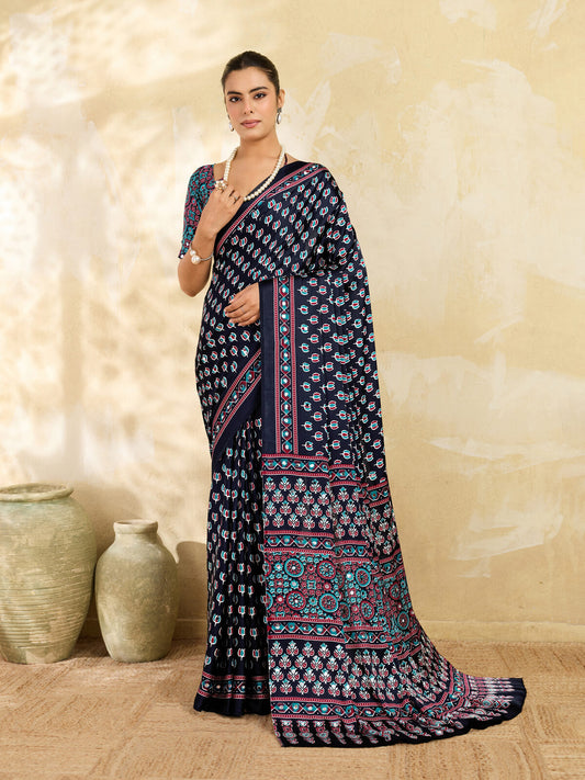 Navy Blue Ajrakh Print Mirror Work Modal Satin Saree