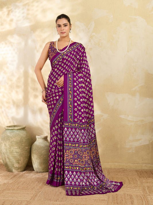 Magenta Ajrakh Print Mirror Work Modal Satin Saree