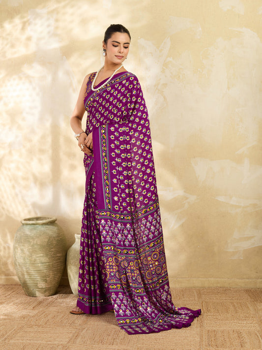 Magenta Ajrakh Print Mirror Work Modal Satin Saree