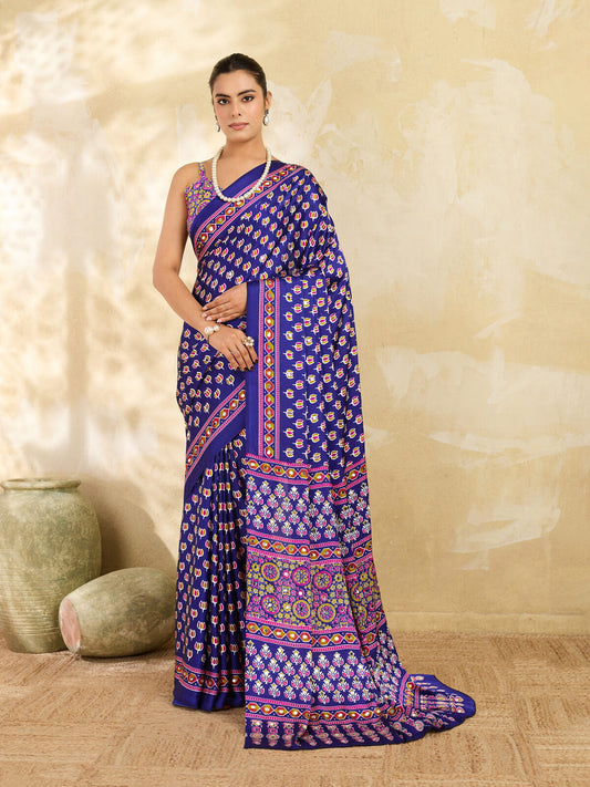 Indigo Blue Ajrakh Print Mirror Work Modal Satin Saree