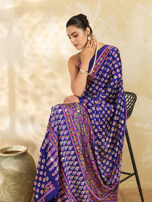 Indigo Blue Ajrakh Print Mirror Work Modal Satin Saree