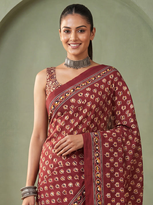 Rust Red Ajrakh Print & Mirror Work Satin Silk Saree