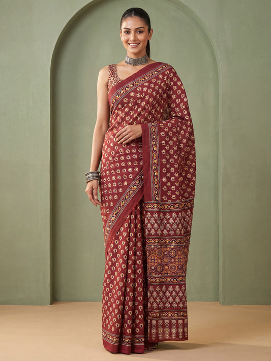 Rust Red Ajrakh Print & Mirror Work Satin Silk Saree