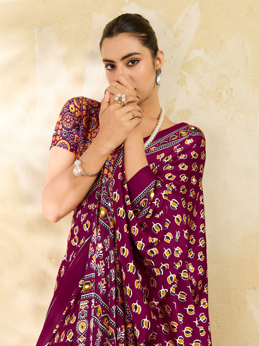 Plum Ajrakh Print Mirror Work Modal Satin Saree
