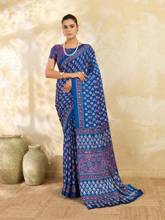 Cobalt Blue Ajrakh Print Mirror Saree