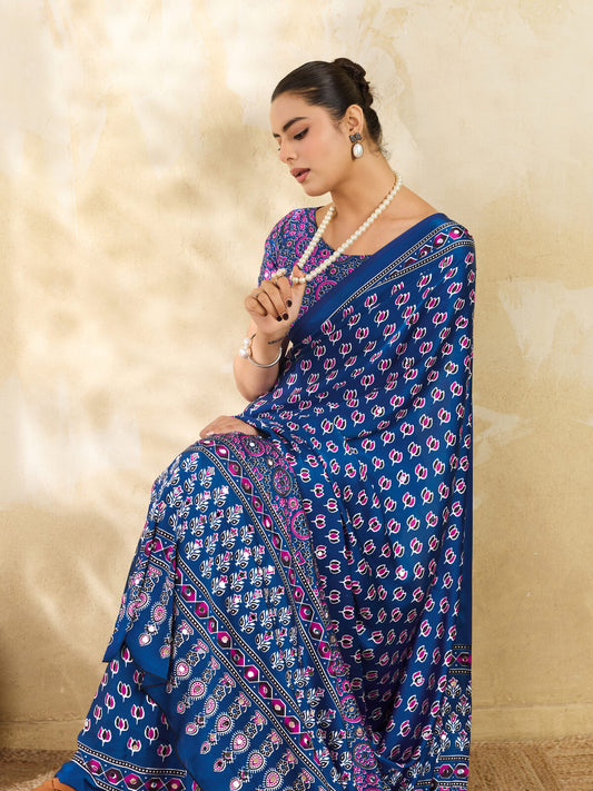 Cobalt Blue Ajrakh Print Mirror Saree