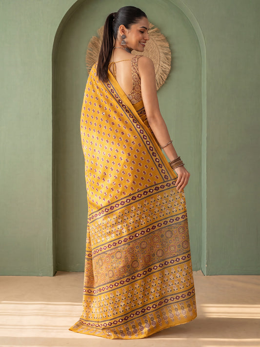 Mustard Yellow Ajrakh Print & Mirror Work Satin Saree