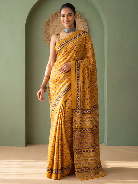 Mustard Yellow Ajrakh Print & Mirror Work Satin Saree