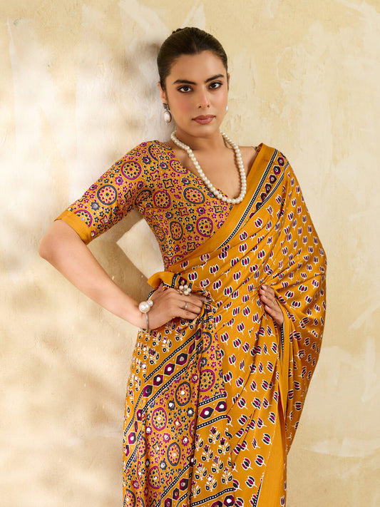Golden Yellow Ajrakh Print Mirror Work Modal Satin Saree