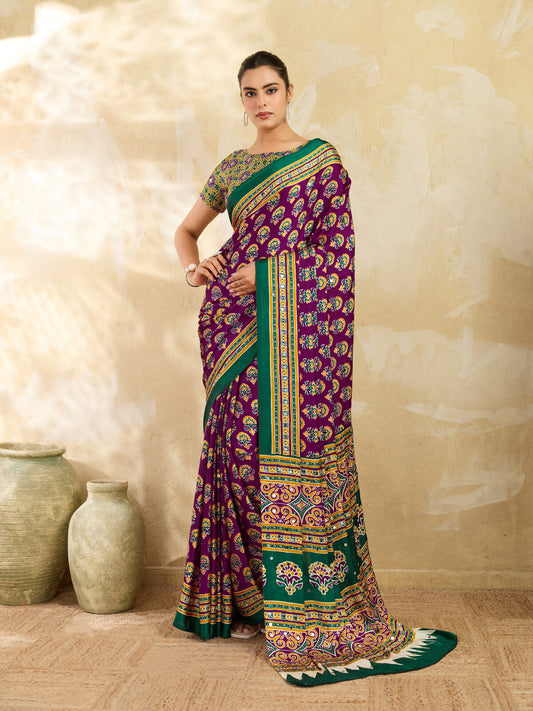Berry Purple Ajrakh Print Mirror Work Modal Satin Saree