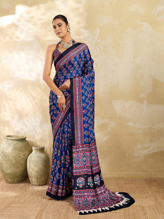 Midnight Blue Ajrakh Print Mirror Work Modal Satin Saree