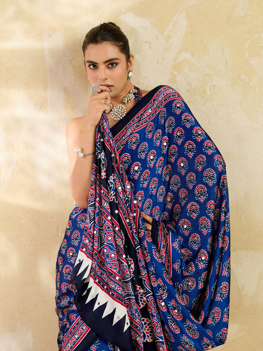Midnight Blue Ajrakh Print Mirror Work Modal Satin Saree