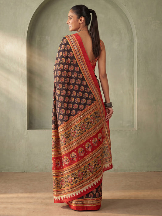 Black with Rust Red Ajrakh Print & Mirror Work Satin Saree