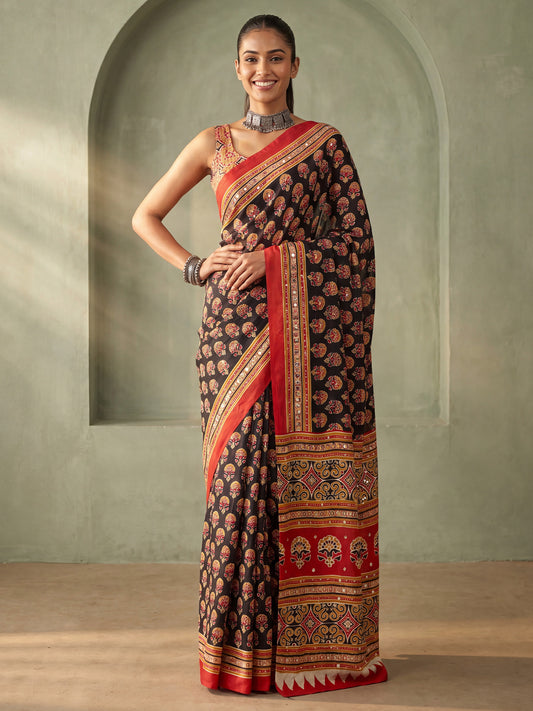 Black with Rust Red Ajrakh Print & Mirror Work Satin Saree