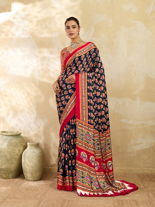 Crimson Red Ajrakh Print Mirror Saree
