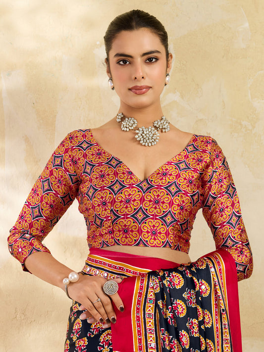 Crimson Red Ajrakh Print Mirror Saree