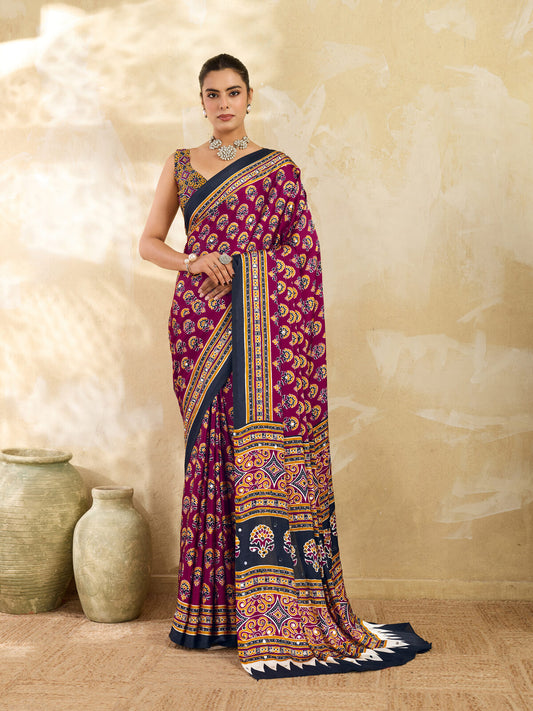 Magenta Ajrakh Print Mirror Work Modal Satin Saree