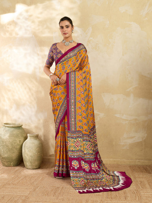 Marigold Yellow Ajrakh Print Mirror Work Modal Satin Saree